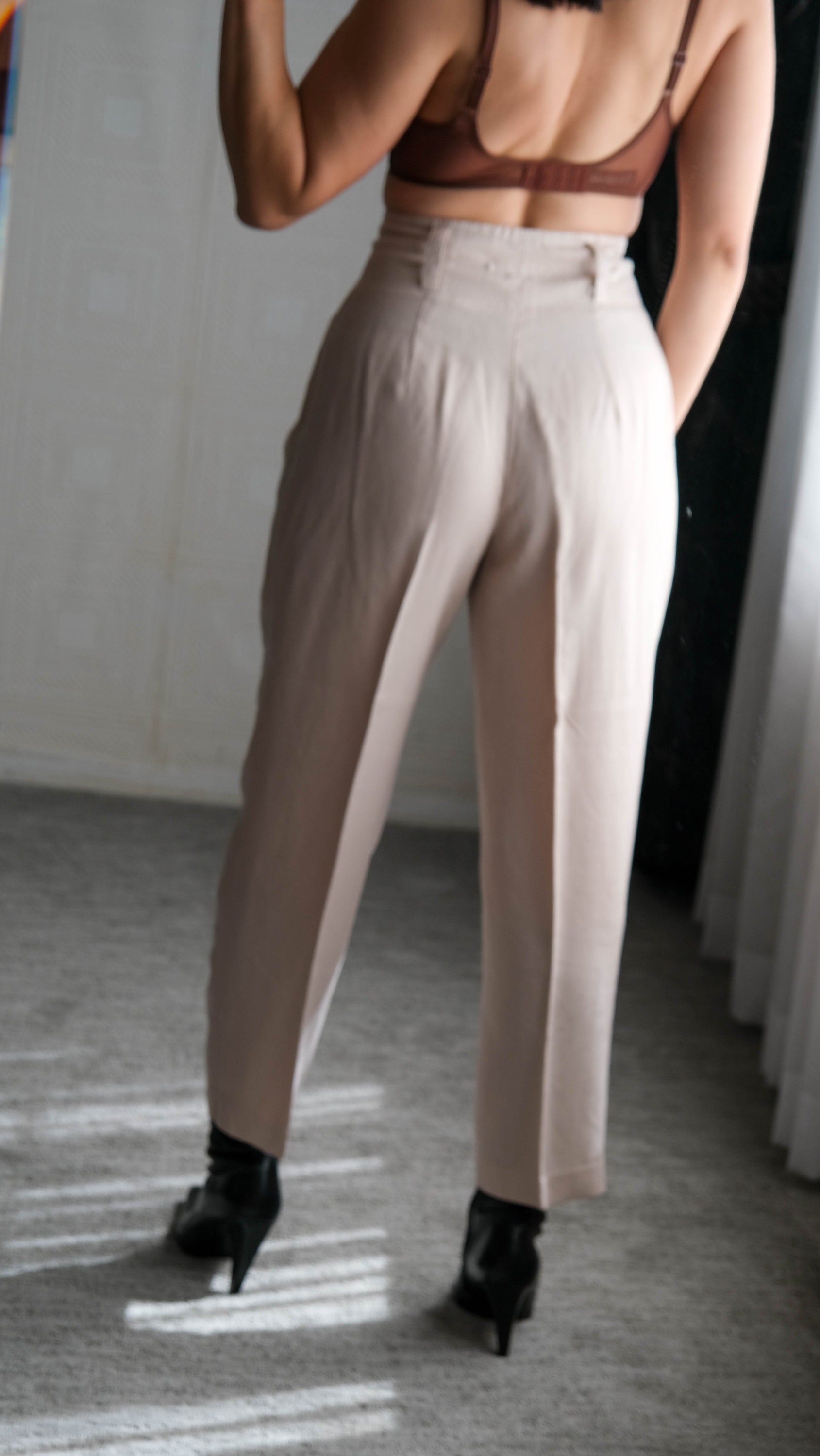 Vintage 80s MOODS by KRIZIA Light Beige Gabardine Pleated High Waisted ...