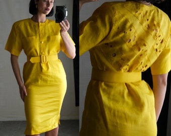 Vintage 80s PIA RUCCI Canary Yellow Belted Henley Styled Power Dress w/ Peek-A-Boo Back Design | 100% Ramie | 1980s Designer Power Dress