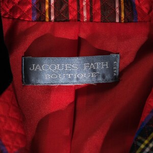 Vintage 90s Jacques Fath Boutique Quilted Red Plaid & Black Velvet Blazer w/ Gold Logo Buttons Made in Paris 1990s French Designer Coat image 8