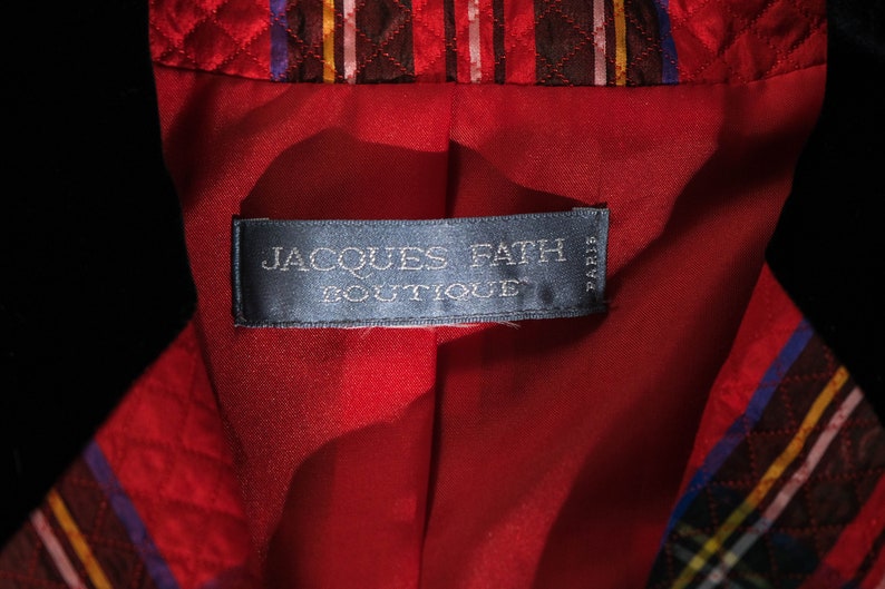 Vintage 90s Jacques Fath Boutique Quilted Red Plaid & Black Velvet Blazer w/ Gold Logo Buttons Made in Paris 1990s French Designer Coat image 8