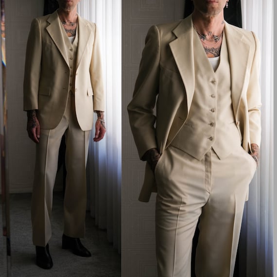 Vintage 70s Yves Saint Laurent Archival Sandy Tan Pinstripe Three