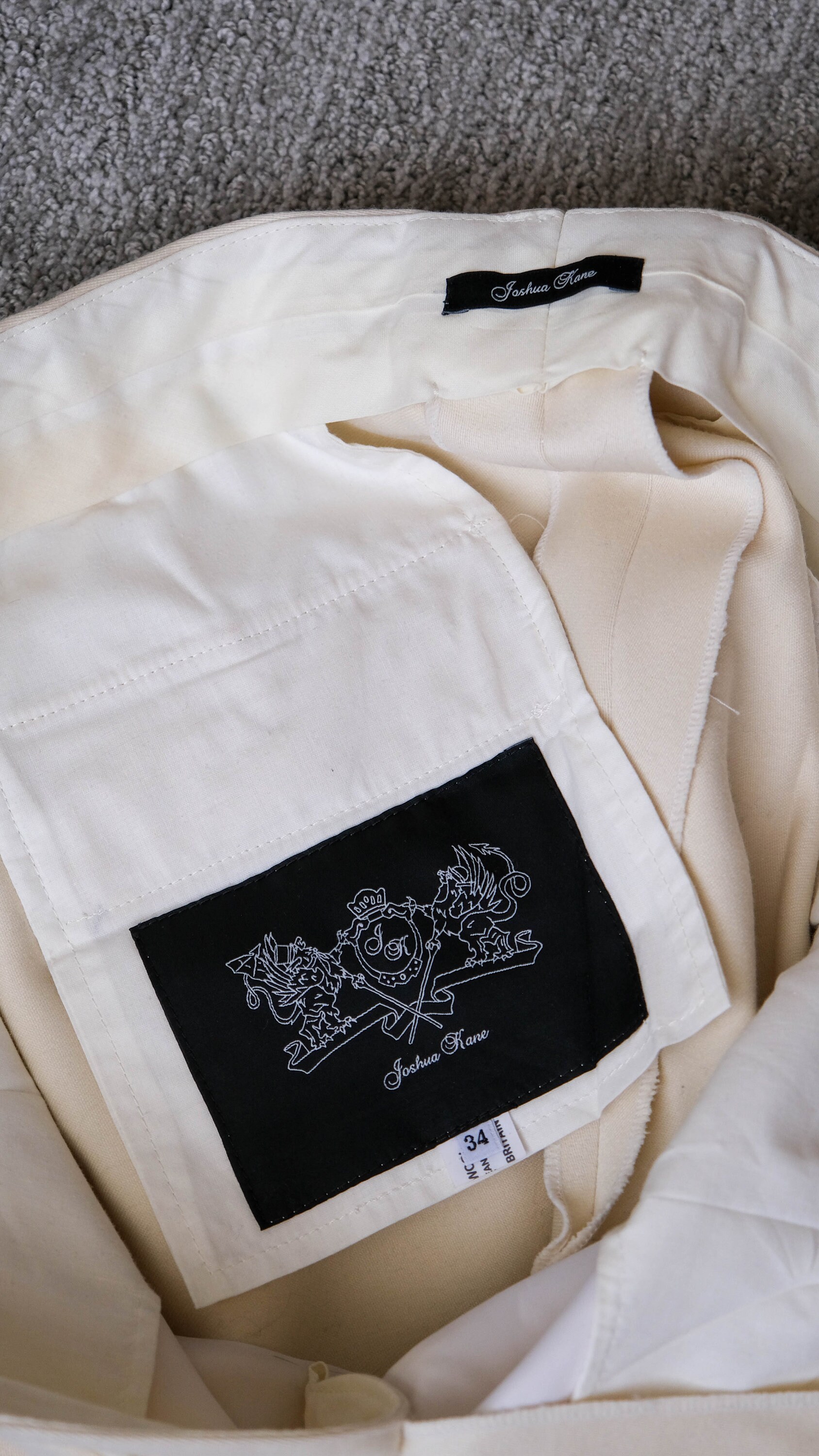 JOSHUA KANE Bespoke Ivory Wool Tuxedo Stove Pipe Slacks W