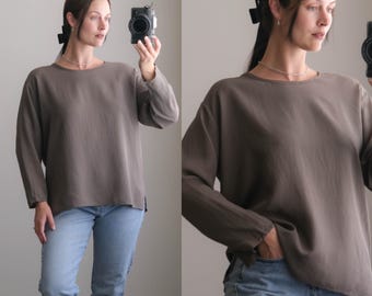 Vintage 90s Flax Angelheart Chalky Gray Mauve Silk Boxy Relaxed Long Sleeve Blouse | 100% Silk | 1990s Silk Women's Armani Style Boho Blouse