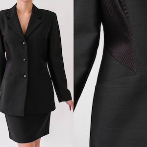 Vintage 90s BYBLOS Black Gabardine Structured Avant Garde Power Blazer & High Waisted Skirt Suit | Made in Italy | 1990s Designer Power Set