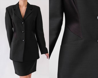 Vintage 90s BYBLOS Black Gabardine Structured Avant Garde Power Blazer & High Waisted Skirt Suit | Made in Italy | 1990s Designer Power Set