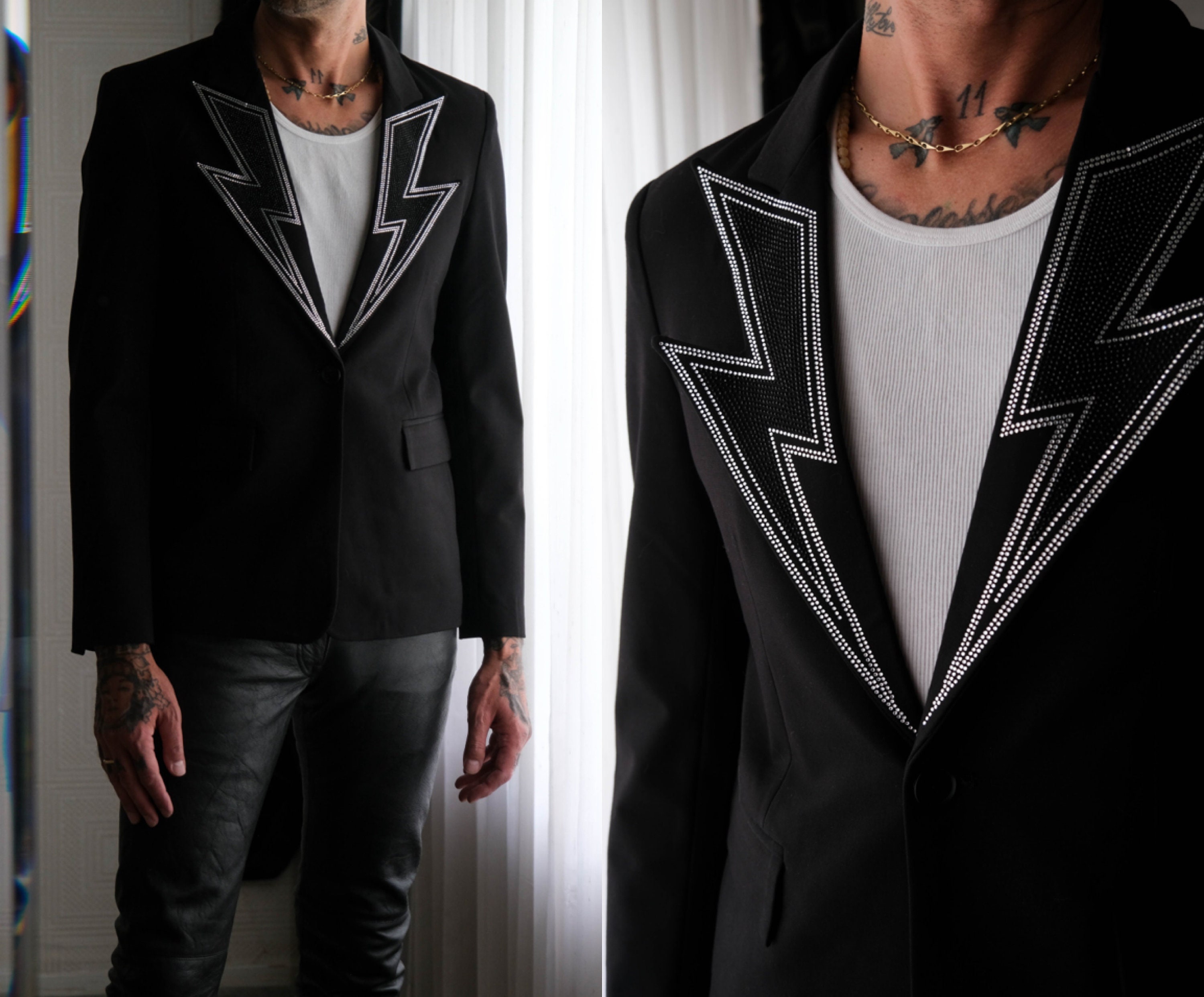 PHIX Black Crystal Embellished Lightning Bolt Lapel Single PHIX Black Crystal Embellished Lightning Bolt Lapel Single