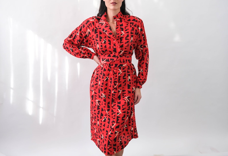 Vintage 80s Red Silk Plaid Jacquard Belted Dress w/ Black & Ivory Geometric Pattern 100% Silk 1980s Silk Bohemian Streetwear Dress image 1