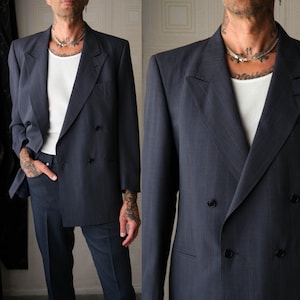 Vintage 80s TED LAPIDUS COUTURE Navy Gabardine Tonal Tartan Plaid Double Breasted Blazer | Made in Italy | 1980s French Designer Mens Jacket
