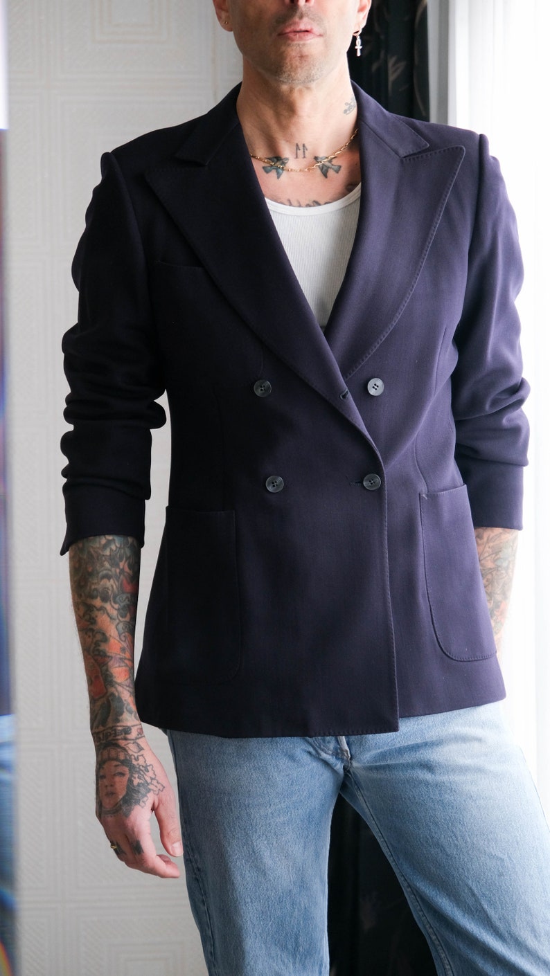 Vintage 70s LANVIN PARIS Navy Blue Heavy Wool Gabardine Wide Lapel Double Breasted Blazer Tailored in USA 1970s French Designer Jacket image 6