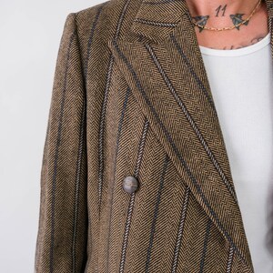 Vintage 60s GEOFFREY BEENE COLLETION Caramel Herringbone Stripe Double Breasted Overcoat w/ Brass Logo Buttons 1960s Designer Winter Coat image 5