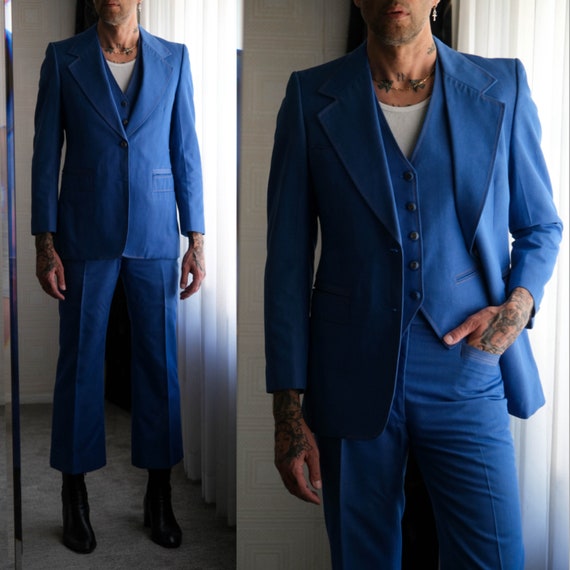 Vintage 70s Light Blue Denim Three Piece Flared Lapel & Flared Leg 