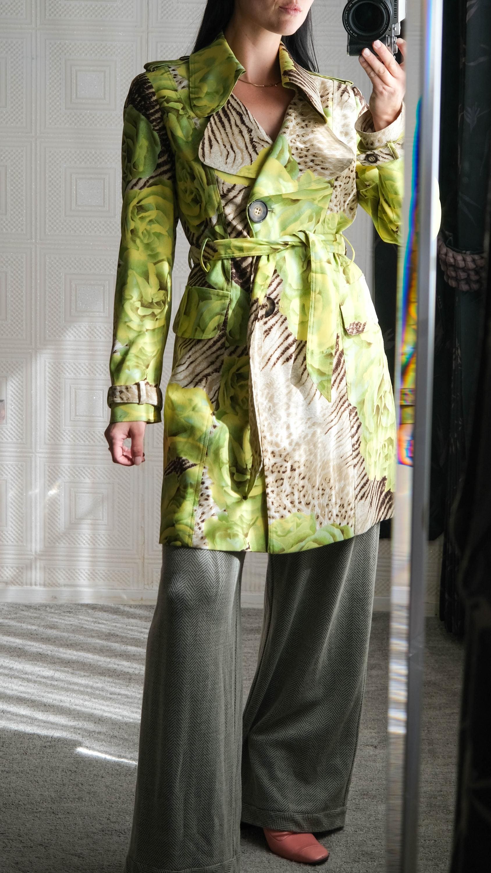 Vintage 80s Alberto Makali Lime Green & Animal Print Trench Coat W