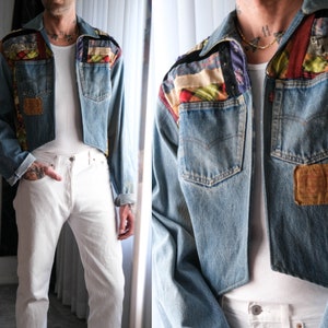 Vintage 70s LEVIS 501 Quilt Patched Handmade Distressed Denim Bolero | Made in USA | Bohemian, Grunge, Unisex | 1970s LEVIS Crop Jean Jacket