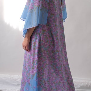 Vintage 70s Saks Fifth Ave. Sky Blue Lilac Floral Print Maxi Dress w/ Hand Rolled Fairy Sleeves Made in Italy 1970s Designer Boho Dress image 8