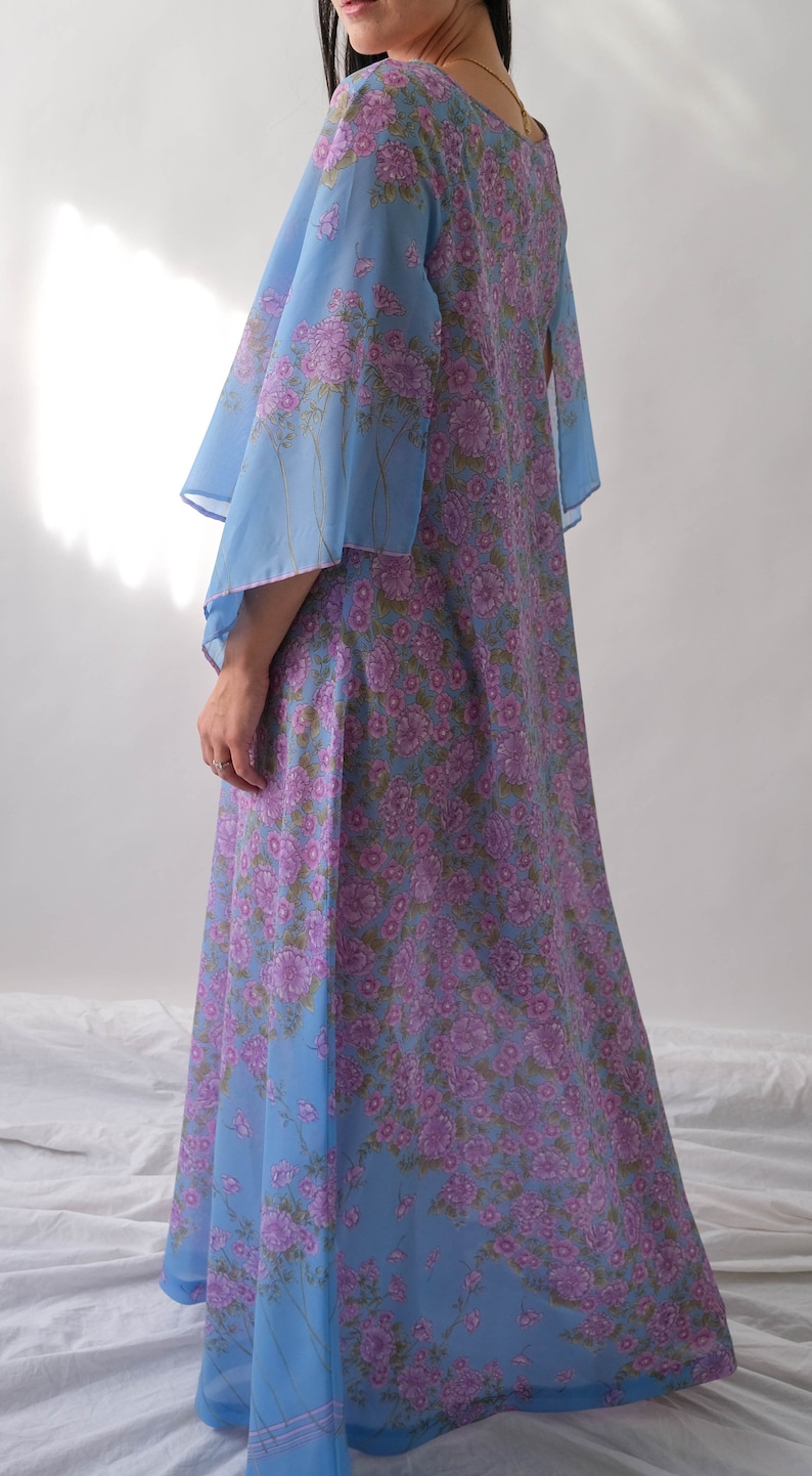 Vintage 70s Saks Fifth Ave. Sky Blue Lilac Floral Print Maxi Dress w/ Hand Rolled Fairy Sleeves Made in Italy 1970s Designer Boho Dress image 8