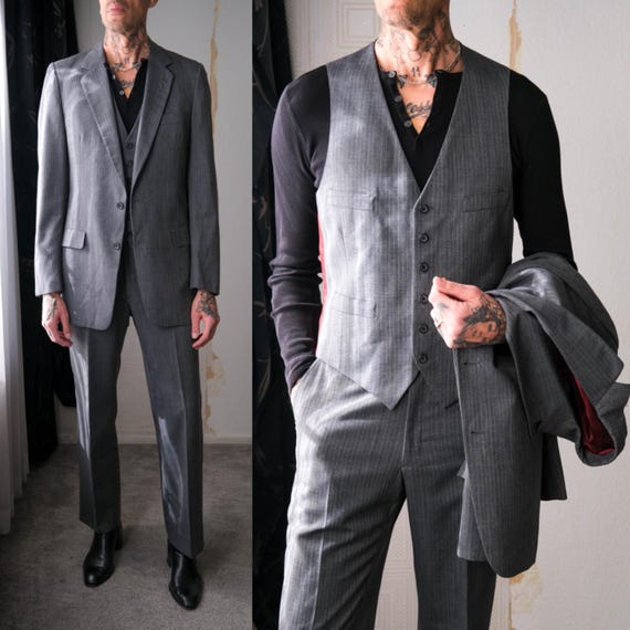Christian Dior Monsieur, Vintage 70s Christian Dior Monsieur HS&M Peppered Dark Gray Pinstriped Three Piece Flare Leg Suit | Made in USA | 1970s Dior Designer Suit
