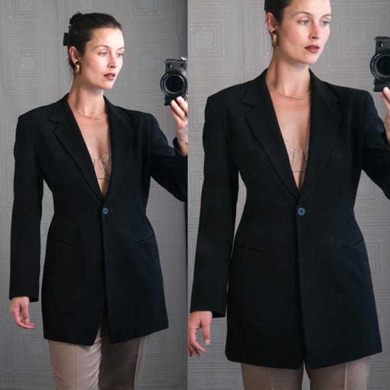 Vintage 80s Donna Karan New York Black Label Wool Longline Blazer w/ Notched Lapel | Made In Italy | 100% New Wool | 1980s Designer Blazer