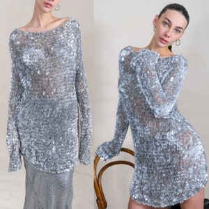 Vintage 90s Silver Sequined Mohair Cashmere Blend Mesh Knit Mini Sweater Dress 1990s Y2K Designer Glamorous Sequined Tunic Sweater Dress image 1