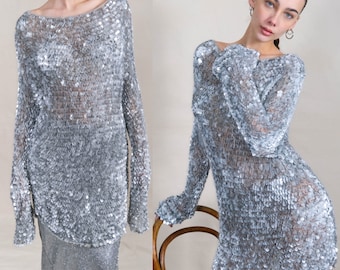 Vintage 90er Jahre Silber Pailletten Mohair Kaschmir Mischung Mesh Stricken Mini Pullover Kleid | 1990er Jahre Y2K Designer Glamouröses Pailletten Tunika Pullover Kleid