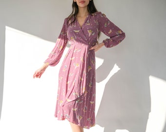 Vintage 70s HANAE MORI for HARRODS French Lilac Silk Wrap Dress w/ Butterfly Print | Made in France | 100% Silk | 1970s Designer Silk Dress