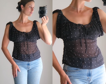 Vintage GUCCI 2002 Tom Ford Era Black & White Micro Polkadot Sheer Silk Blouse | Made in Italy | 100% Silk | UNWORN | Y2K 2000s Designer Top
