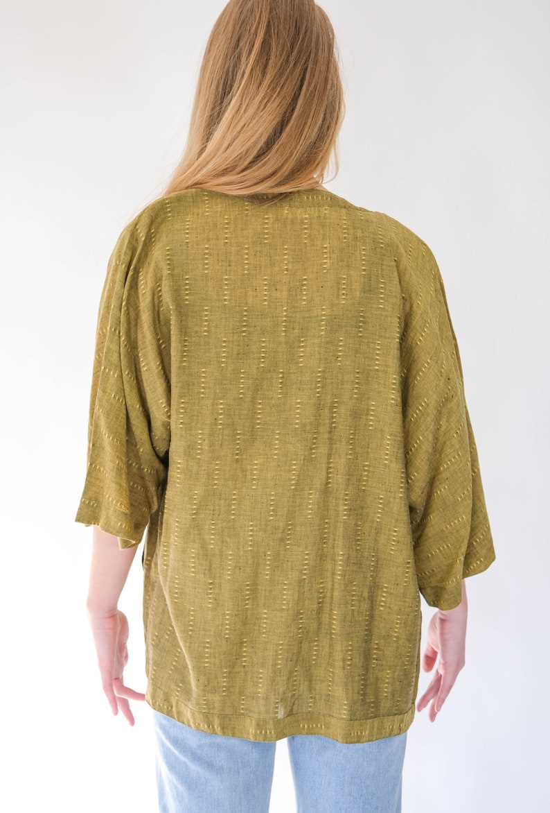 PELLINI Golden Olive Kasuri Linen Blend Kimono w/ Pockets Linen/Cotton Boxy Fit 2000s Y2K Designer Bohemian Open Front Cropped Kimono image 6