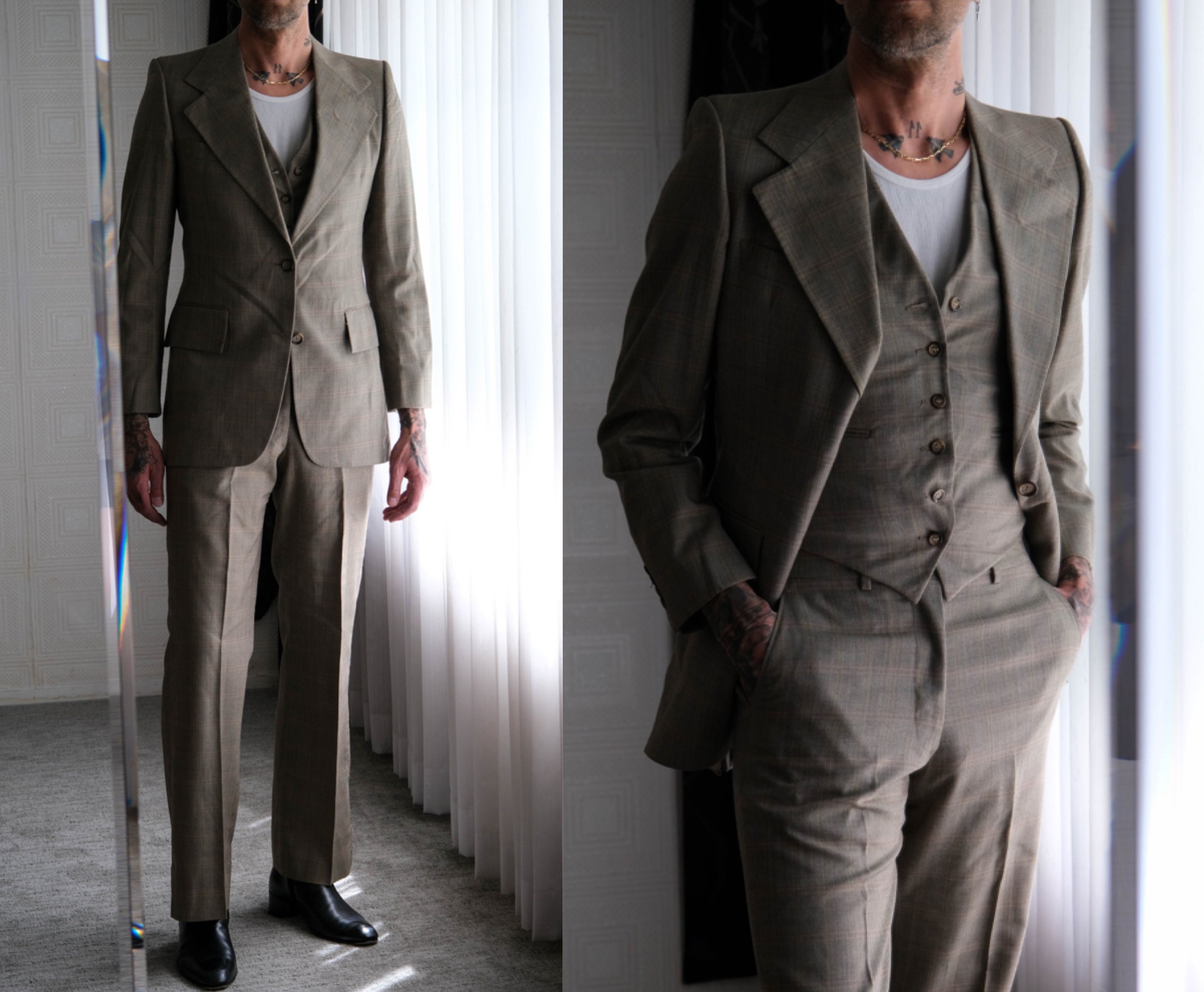 Vintage 70s Pierre Cardin Light Gray Shadow Plaid Wool Gabardine Three Piece Flare Leg Suit Made in USA 1970s Designer Tailored Suit - Etsy Vintage 70s Pierre Cardin Light Gray Shadow Plaid Wool Gabardine Three Piece Flare Leg Suit Made in USA 1970s Designer Tailored Suit - Etsy