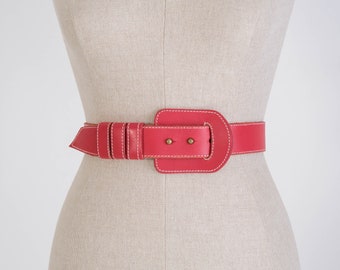 Vintage 80s Norma Kamali Lipstick Red Leather Belt w/ Leather Slide & Rivet Buckle | 100% Genuine Leather | 1980s OMO Designer Waist Belt