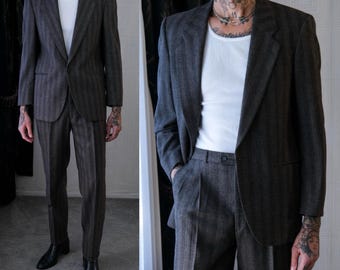 Vintage 80s Yves Saint Laurent Brown & Gray Shadow Striped Wool Pleated Suit | Made in France | 1980s YSL French Designer Tailored Mens Suit