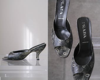 Vintage PRADA 2001 S/S Archival Jade St. Giava Snakeskin Open Toe Mule Slide Heels w/ Box & Dust Bag | Size 39.5 | Y2K PRADA Designer Shoes