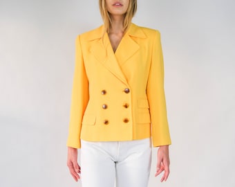 Vintage 90s Linda Allard for Ellen Tracy Daisy Yellow Cropped Double Breasted Blazer | Broad Shoulder, Large Lapel | 1990s Designer Jacket