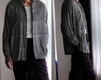 Vintage 80s CREATION by CORINNE BRODBECK Black & White Broken Striped Blouson Draped Shirt | 100% Viscose Rayon | 1980s Designer Mens Shirt