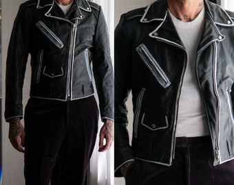 Vintage 70s EXCELLED Black & White Hand Painted Trim Distressed Leather Motorcycle Jacket | Made in USA | Size 38 | 1960s 1970s Biker Jacket