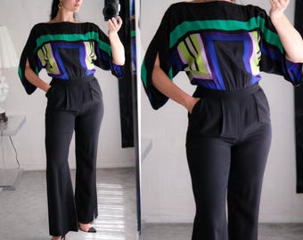 Vintage Diane Von Furstenberg Geometric Black Silk Pleated Pant Jumpsuit w/ Split Dolman Sleeves | 100% Silk | Y2K 2000s DVF Designer Suit