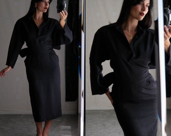 Vintage 1985 Gianfranco Ferre Documented Runway Spring Summer Black Raw Silk Exaggerated Bow Dress MADE IN ITALY 100% Silk | Made in Italy |