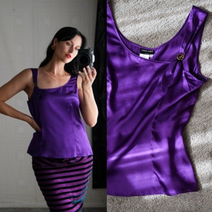 GIORGIO ARMANI Amethyst Jeweled Silk Logo Brooch Strap Cropped Blouse | Made in Italy | 100% Silk | Y2Ks 2000s ARMANI Designer Silk Tank Top