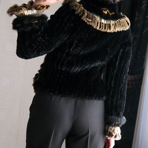Vintage 90s CEDRICS Black & Tan Frosted Knit Fur Crop Zip Jacket w/ Gold Leather Fringe Cuffs 100% Genuine Fur 1990s Designer Fur Coat image 9