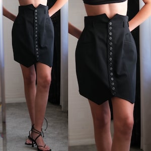 Vintage 80s Norma Kamali OMO Black Multi Button Bucket High Waisted Tuxedo Mini Skirt | Made in USA | 1980s OMO Designer Triangle Hem Skirt