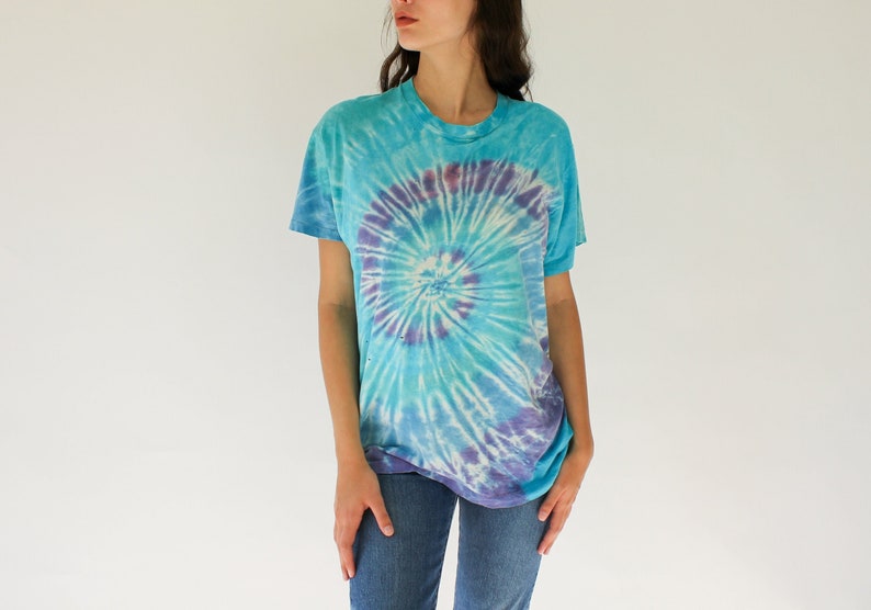 Vintage 80s Destroyed Fruit of the Loom Spiral Tie Dye Single Stitch Tee Shirt Made in USA 1980s Paper Thin Pastel Tie Dye T-Shirt image 1