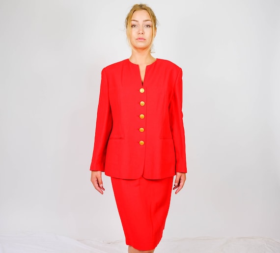 Vintage 90s Louis Feraud Scarlet Red Linen Blend Skirt Suit W/ 