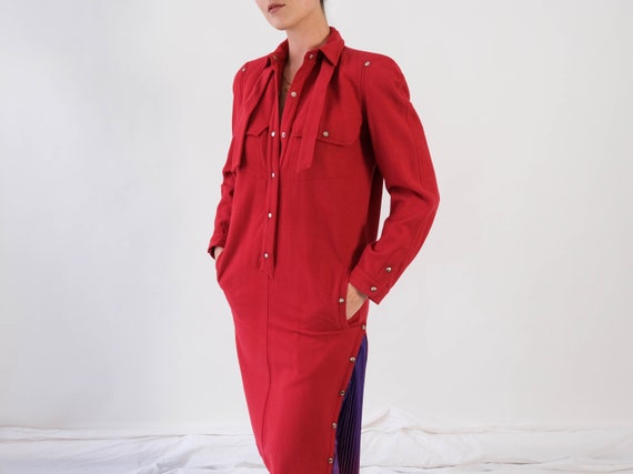 Vintage 80s Thierry Mugler Crimson Wool Shift Dre… - image 7