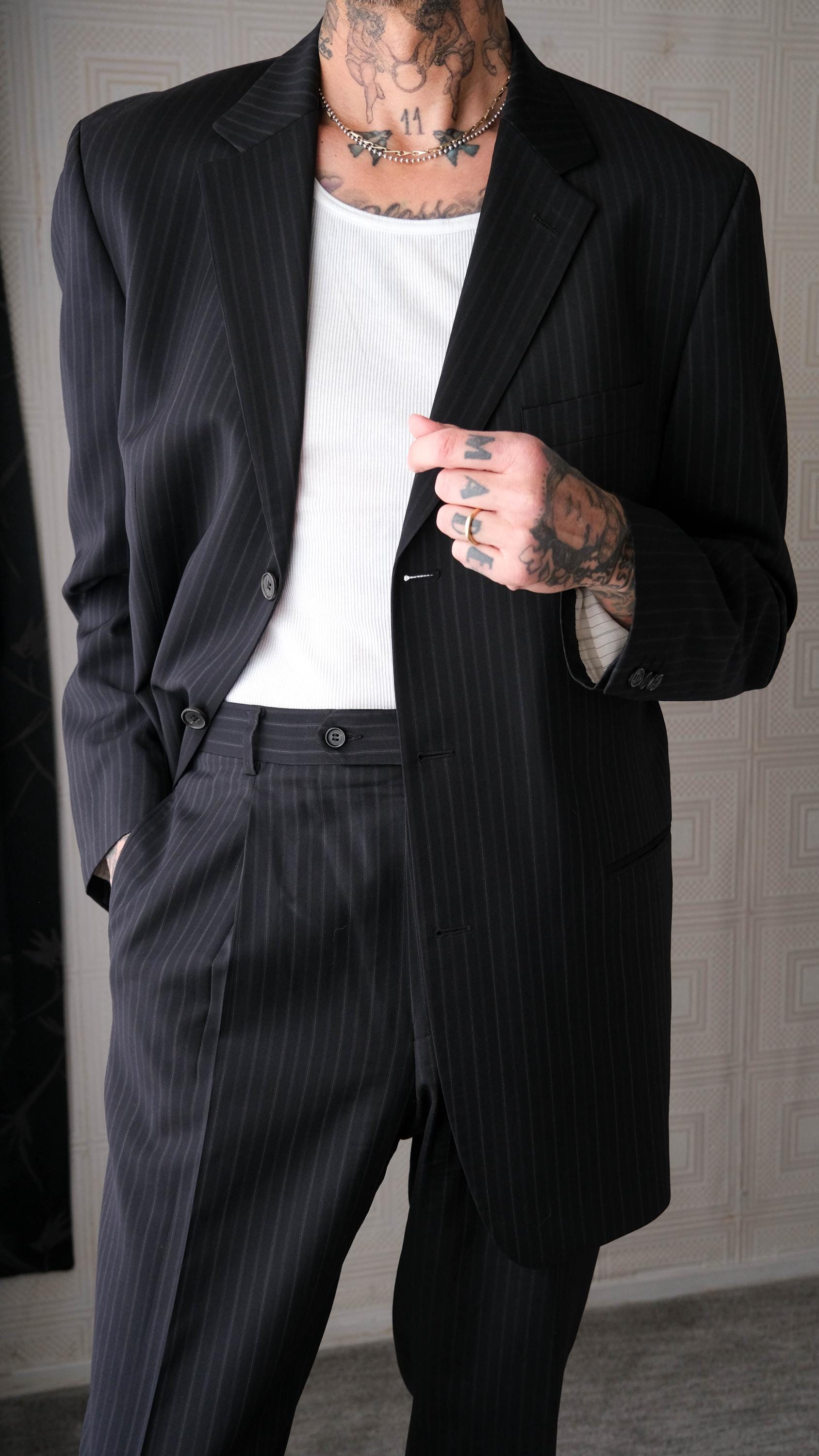Vintage 90s HUGO BOSS Einstein Black & Navy Pinstripe Wool Vintage 90s HUGO BOSS Einstein Black & Navy Pinstripe Wool