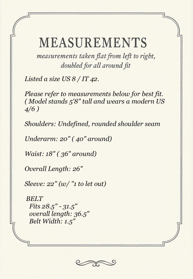 May include: Cream-colored card with black text detailing garment measurements. Includes shoulder, underarm (20 inches), waist (18 inches), overall length (26 inches), and sleeve (22 inches) measurements. Also lists belt measurements.