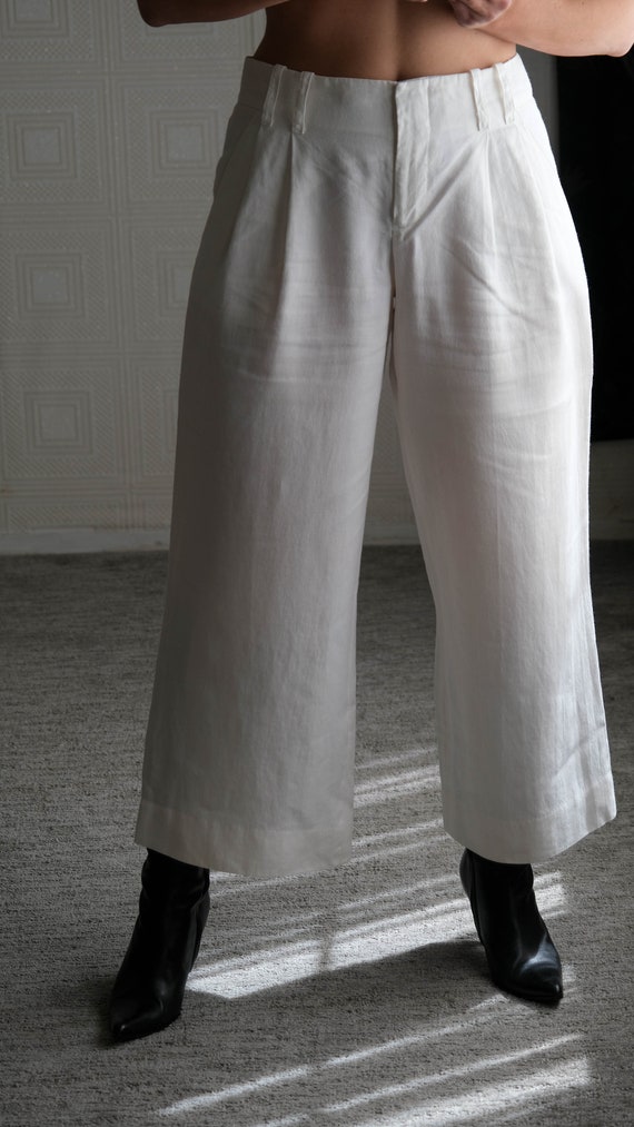 Vintage DKNY White Low Rise Pleated Cropped Wide Leg Pants 100% Ramie 2000s  Y2K Donna Karan New York Low Waisted Slubby Wide Leg Capris 