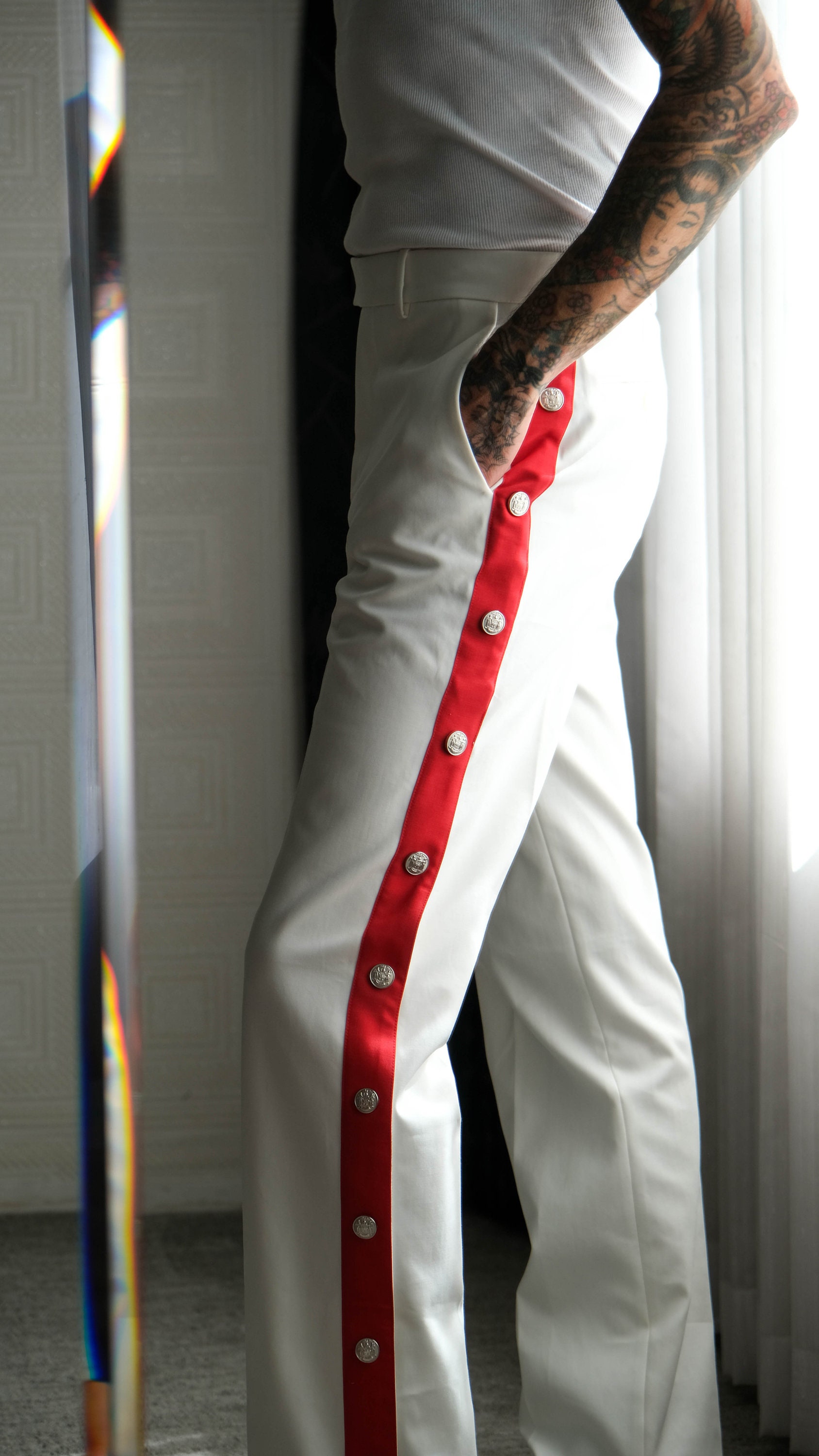 CALVIN KLEIN 205W39NYC White Gabardine & Red Military Stripe Snap Pants  Unworn NWT Made in Italy Raf Simons Designer Mens Dress Pants 