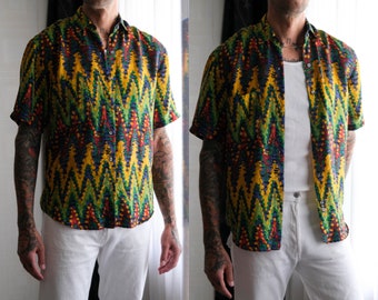 Vintage 90s PERRY ELLIS Vibrant Abstract Zig Zag Silk Short Sleeve Shirt | 100% Silk | 1980s 1990s Designer Silk Party, Festival Mens Shirt