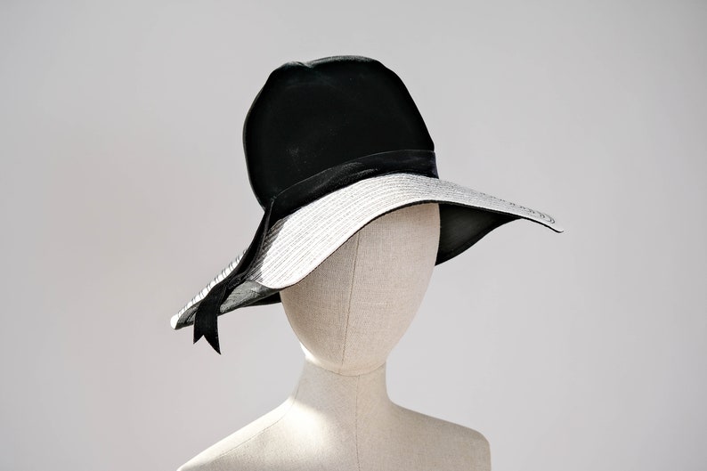 Vintage 60s Mr. Felix Chapeaux Leather & Velvet Tall and Floppy Hat Made in France 1960s Designer Wide Brim Hat image 6