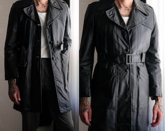 Vintage 70s Black Leather Belted Notch Lapel Trench Coat | 100