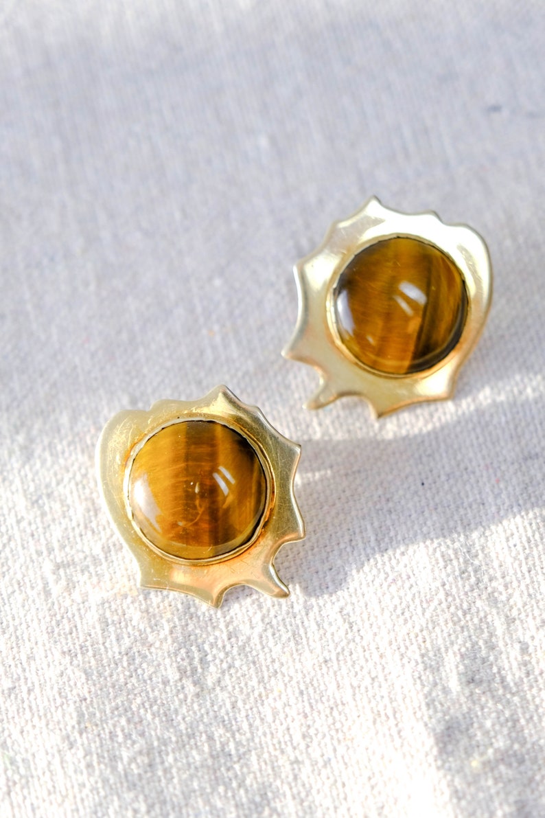 Vintage 80s Joyce Quintana Signed Gold Plated Sterling Silver & Tiger Eye Stone Earrings Sterling Silver .925 1980s Avant Garde Jewelry image 2