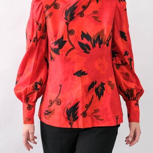 Vintage 70s Irene Thai Silk Ruby Red Floral Print Blouse w/ Pleated Poof Sleeves Made in Thailand 100% Silk 1970s Designer Asian Top image 2